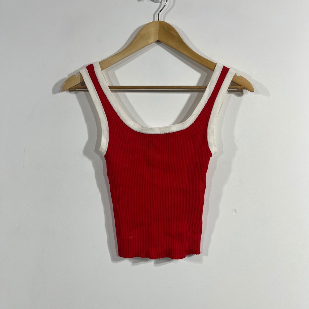 H&M Sporty Ringer Red Ribbed Knit Tank Top‎ Womens Small Granola Indie Preppy